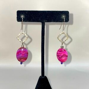 Vintage Silver Tone Beaded Pink Dangle Drop Statement Earrings